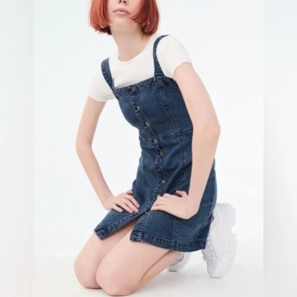 Aeropostale | Dresses | Aeropostale Denim Jumper Dress Womens Large Medium  Wash Button Front Stretchy | Poshmark